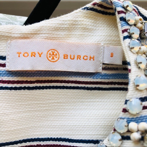 Tory Burch cream blue striped dress with jewels 8 - Picture 8 of 12